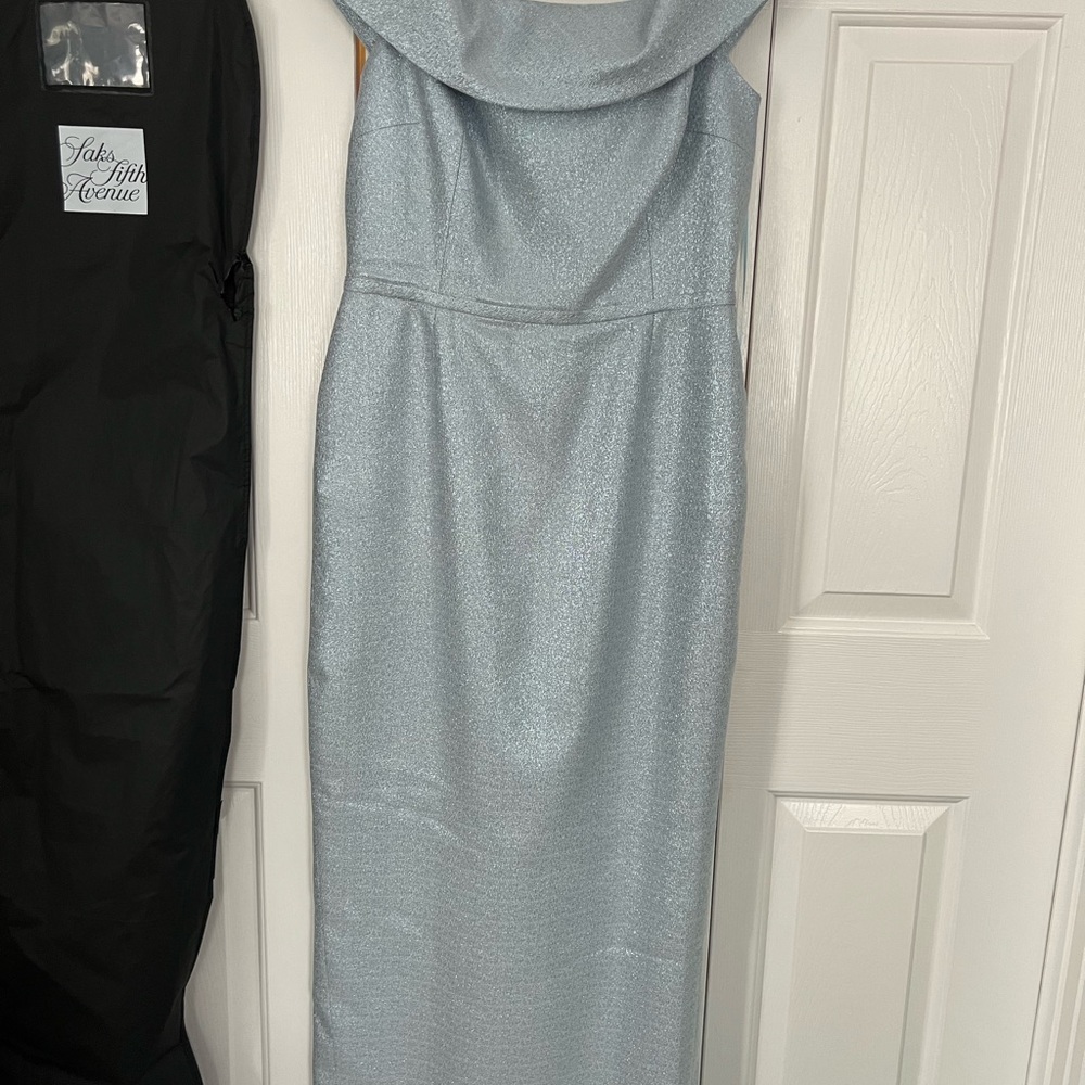 Teri Jon by Rickie Freeman Gown Metallic Blue- Approx. Size 8 + Saks Bag